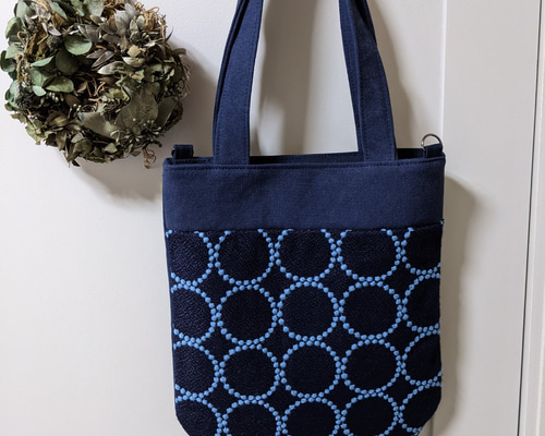 ハンドメイド　トートバッグ　ミナペルホネン　タンバリンネイビー+アップリケ 雫トートバッグ【tanborin/navy】タンバリン・ネイビーmina perhonen