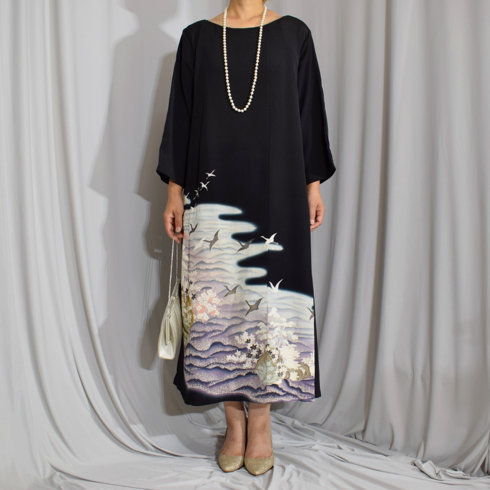 上品七分袖ワンピース, 黒留袖リメイク,ワンピース,上品な和モダンドレス,フォーマル【着物リメイク】