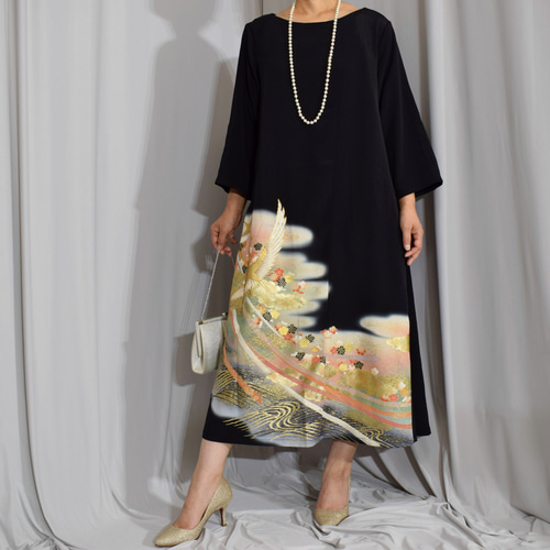 上品七分袖ワンピース, 黒留袖リメイク,ワンピース,上品な和モダン