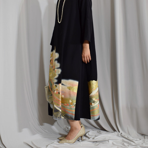 上品七分袖ワンピース, 黒留袖リメイク,ワンピース,上品な和モダン