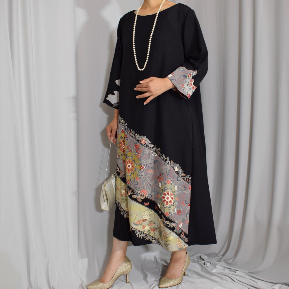 上品七分袖ワンピース, 黒留袖リメイク,ワンピース,上品な和モダンドレス,フォーマル【着物リメイク】