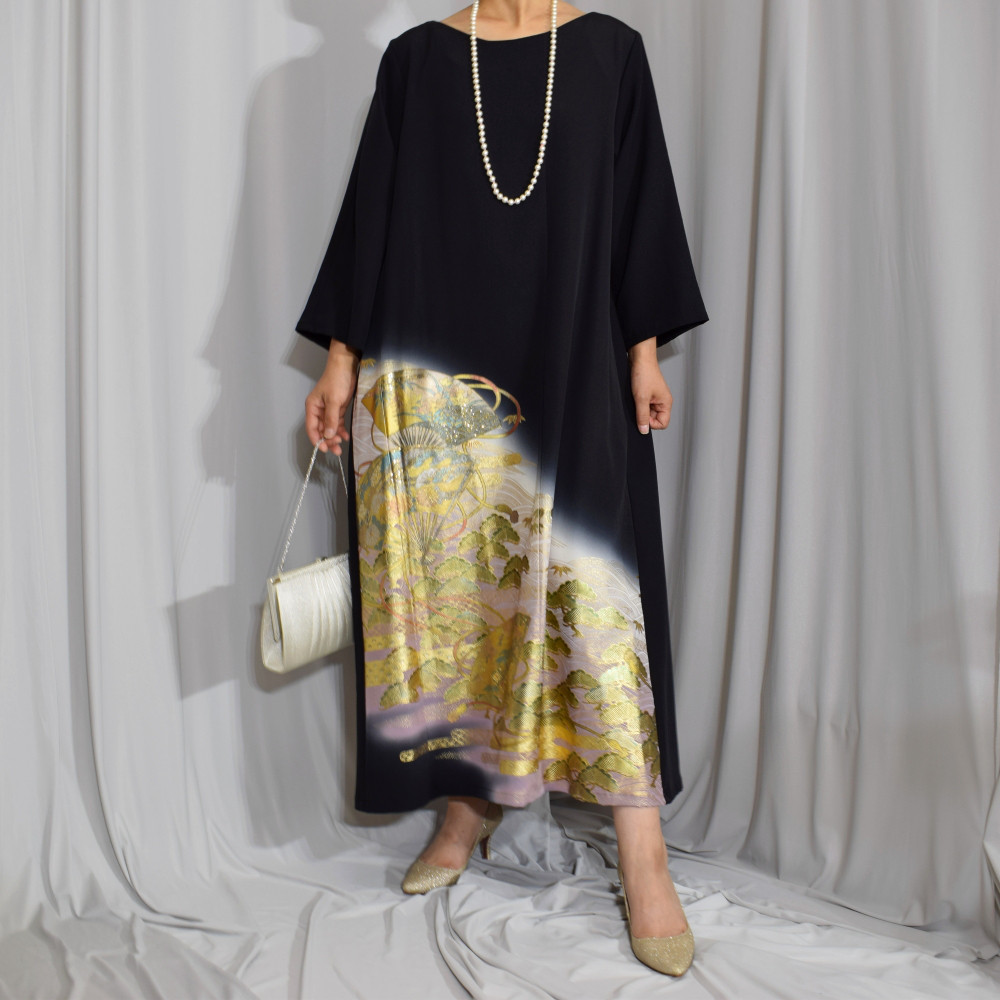 上品七分袖ワンピース, 黒留袖リメイク,ワンピース,上品な和モダンドレス,フォーマル【着物リメイク】