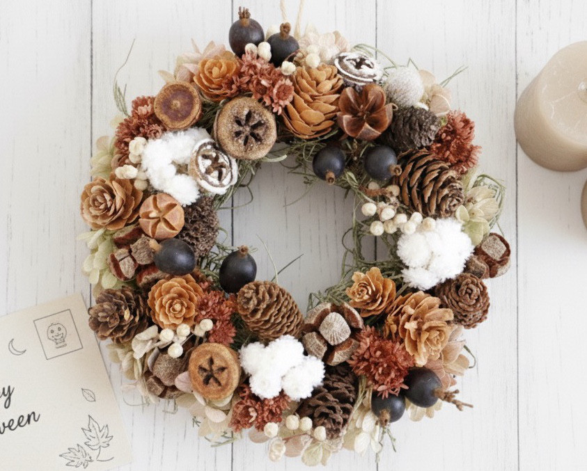 木の実とドライフラワーの秋リース｜長く楽しめるナチュラルインテリア