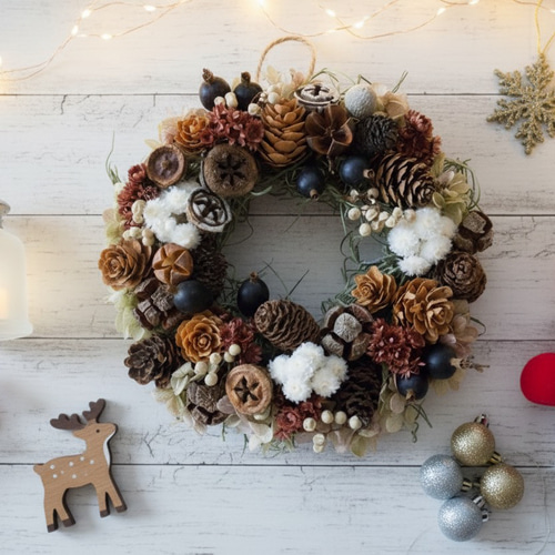 木の実のドライフラワーリース】秋の恵みを感じるナチュラルな玄関飾り