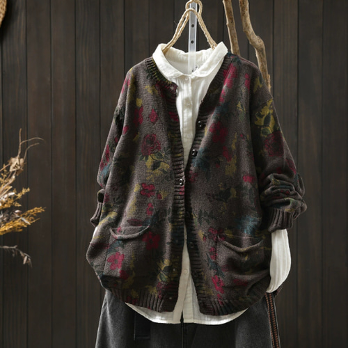 新作｜花柄カーディガン 秋の必須アイテム ゆったり長袖 ニット