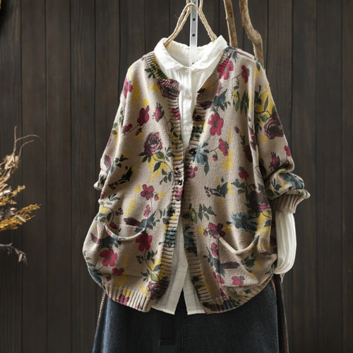 新品 レモン 花柄 長袖ニットカーディガン 新作｜花柄カーディガン 秋の必須アイテム ゆったり長袖 ニット