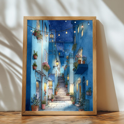 幻想的な夜の路地｜青い家ときらめく光の水彩画 夜景 おしゃれ