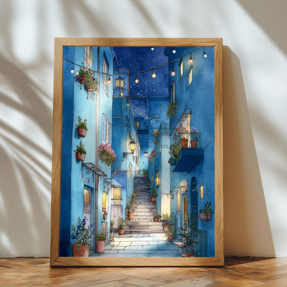 幻想的な夜の路地｜青い家ときらめく光の水彩画 夜景 おしゃれ 風景画