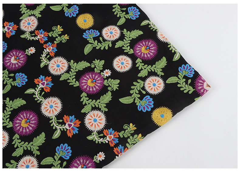 長さ1m 刺繍生地 リネン コットン 黒 花柄 植物柄 薄手 布 ぬの きじ 手芸 KJ311