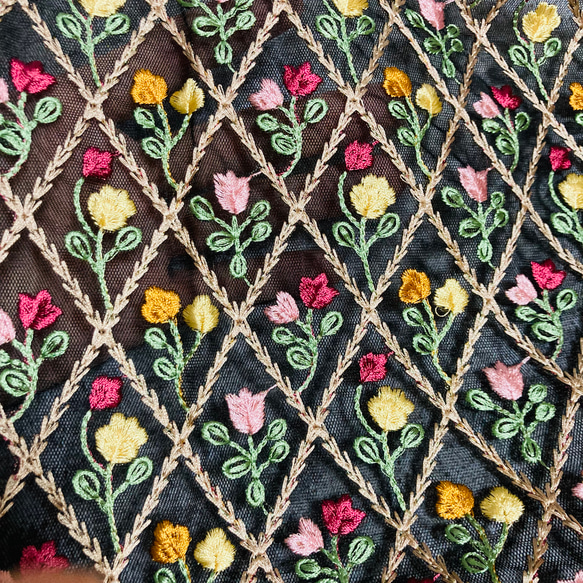 インド刺繍生地 【90cm×45cm】 刺繍部分 チュール ブラック