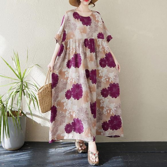 KT23の通販 ファッション 花柄ピンクロングワンピース 半袖