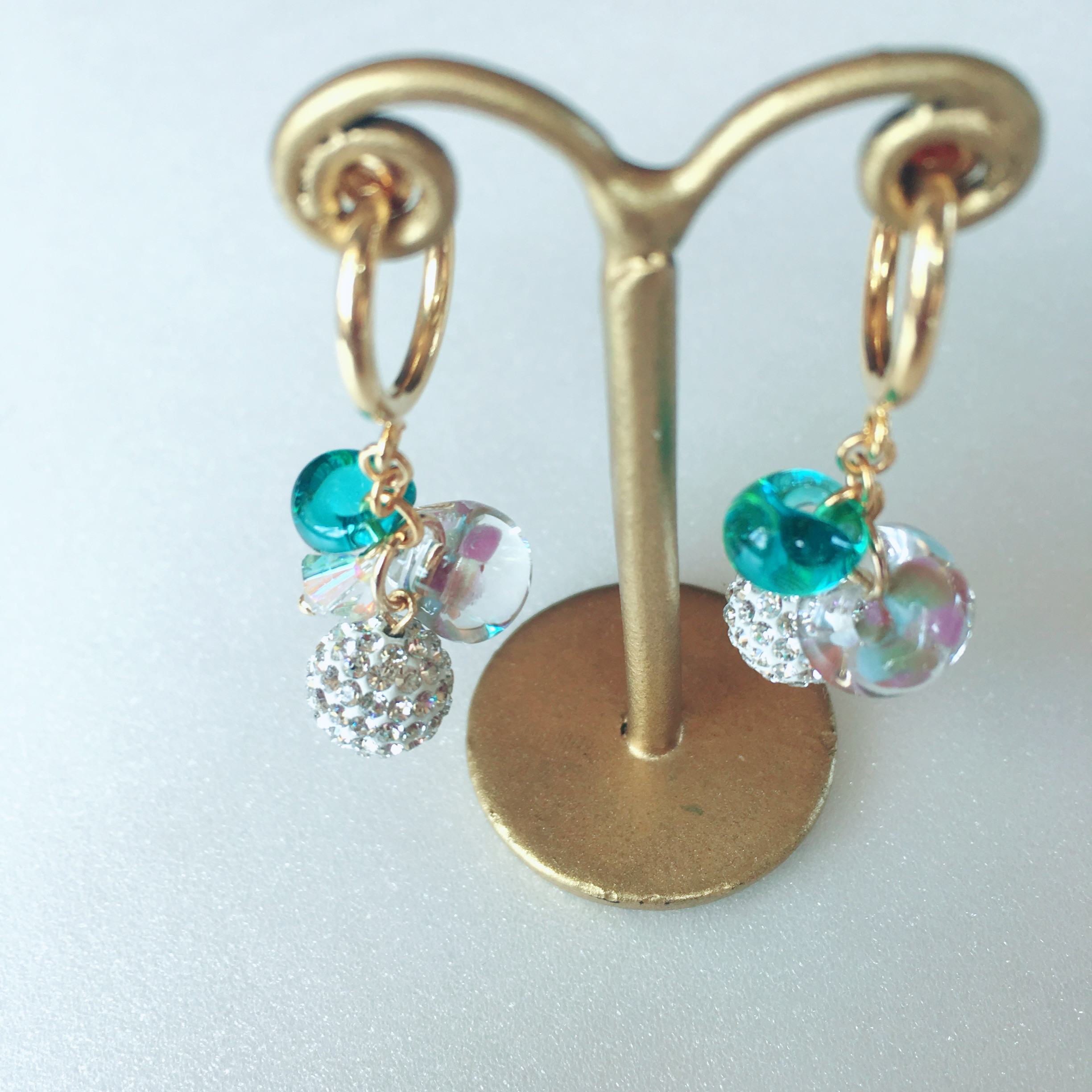 【SALE】swarovski☆キラキラミラーボールとグリーンガラスのイヤリング&ピアス