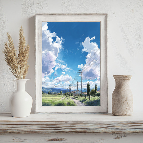 夏の空と田園風景｜透明感のある青空と雲のある風景画 自然 緑 田舎