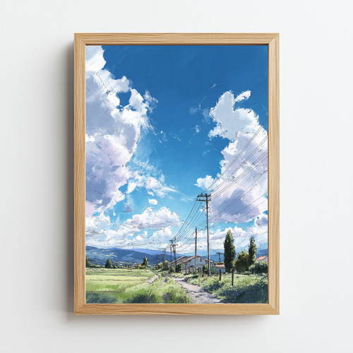 夏の空と田園風景｜透明感のある青空と雲のある風景画 自然 緑 田舎