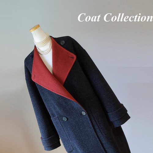 2WAY☆リバーシブルシンプルなウールコート黒レッド新品2つの表情、1つのコート 2WAY☆リバーシブルで着回しのアレンジも自在☆シンプルなリバーシブル