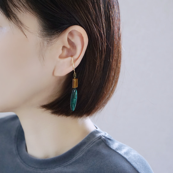 【10月誕生石】タイガーアイとマーキス型シェルのピアス　※イヤリング・イヤーカフに変更可 9枚目の画像