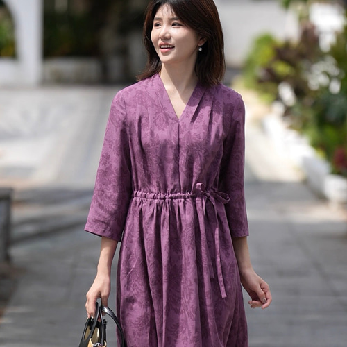 花びらジャガード織り秋色 Vネックタック付き 麻のロングワンピース