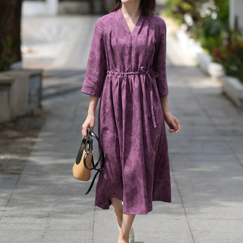 花びらジャガード織り秋色 Vネックタック付き 麻のロングワンピース