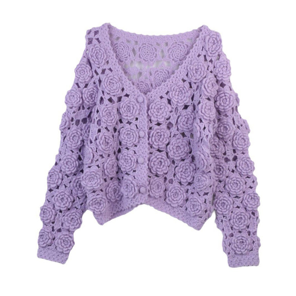パープル ハンドニット かぎ針手編み 立体フラワーモチーフ クロシェ