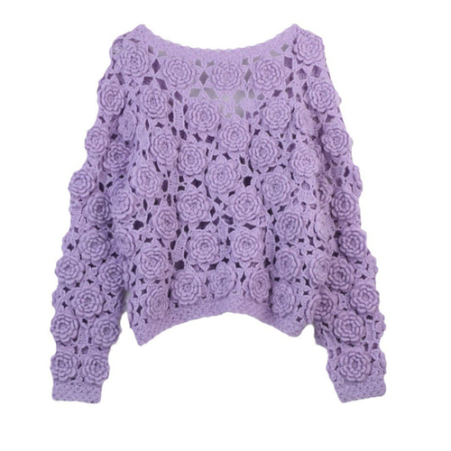 パープル ハンドニット かぎ針手編み 立体フラワーモチーフ クロシェ