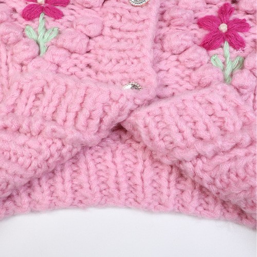 1980年代ハンドニットオーストリアカーディガン ネイビー透かし編み×ピンク花 レディース 古着 80s Dobrila カラフル 花 フラワー 総柄