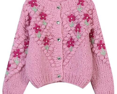 ピンク】ハンドニット 手編み フラワーモチーフカーディガン