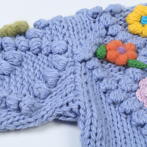 ブルー】ハンドニット 手編み フラワーモチーフカーディガン