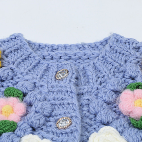 ブルー】ハンドニット 手編み フラワーモチーフカーディガン