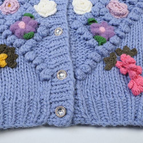 ブルー】ハンドニット 手編み フラワーモチーフカーディガン