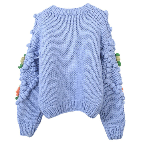 ブルー】ハンドニット 手編み フラワーモチーフカーディガン