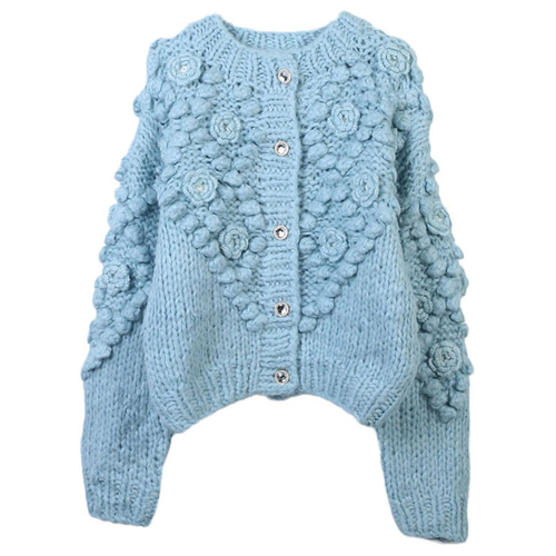 美品　手編み　ハンドニット　立体お花　ケーブル　カーディガン　ゆったり　L VINTAGE - 美品 手編み ハンドニット 立体お花 ケーブル カーディガン