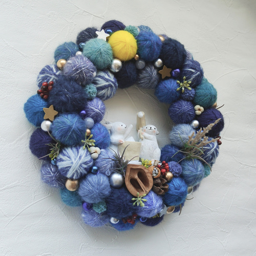 2025年ヴァージョン〉毛糸玉のお月見リース〜餅つきうさぎ〜 リース