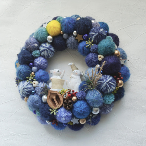 2025年ヴァージョン〉毛糸玉のお月見リース〜餅つきうさぎ〜 リース