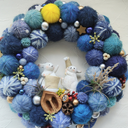 2025年ヴァージョン〉毛糸玉のお月見リース〜餅つきうさぎ〜 リース