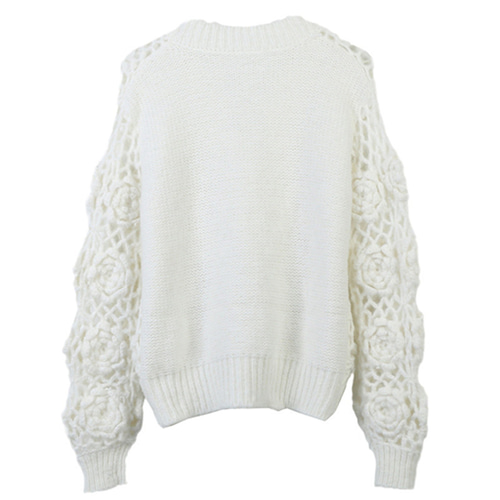 美品　手編み　ハンドニット　立体お花　ケーブル　カーディガン　ゆったり　L VINTAGE - 美品 手編み ハンドニット 立体お花 ケーブル カーディガン