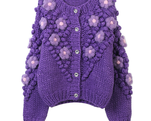 パープル】ハンドニット 手編み フラワーモチーフカーディガン