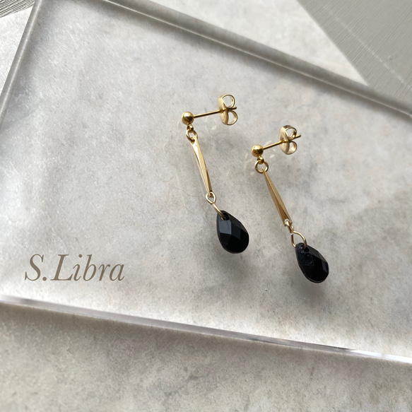 Blackdrop×gold ブラックドロップ ゴールド イヤリング (樹脂ノンホールピアス可) 2枚目の画像