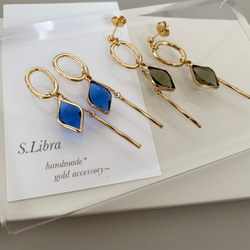 ピアス・glassstone  ガラスストーンゴールドオーバルチェーンピアス/カーキブラウンオリーブグリーン ブルー 11枚目の画像