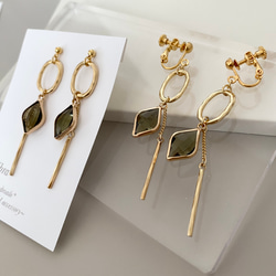 ピアス・glassstone  ガラスストーンゴールドオーバルチェーンピアス/カーキブラウンオリーブグリーン ブルー 8枚目の画像