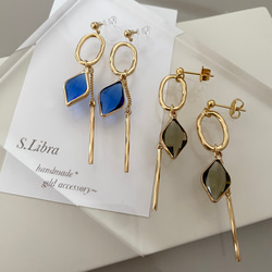 ピアス・glassstone  ガラスストーンゴールドオーバルチェーンピアス/カーキブラウンオリーブグリーン ブルー 12枚目の画像