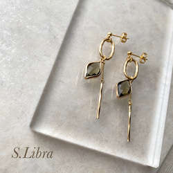 ピアス・glassstone  ガラスストーンゴールドオーバルチェーンピアス/カーキブラウンオリーブグリーン ブルー 2枚目の画像