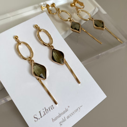 ピアス・glassstone  ガラスストーンゴールドオーバルチェーンピアス/カーキブラウンオリーブグリーン ブルー 7枚目の画像