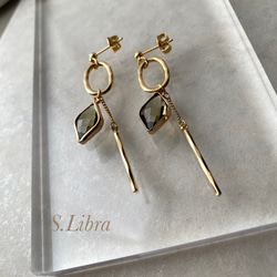 ピアス・glassstone  ガラスストーンゴールドオーバルチェーンピアス/カーキブラウンオリーブグリーン ブルー 3枚目の画像