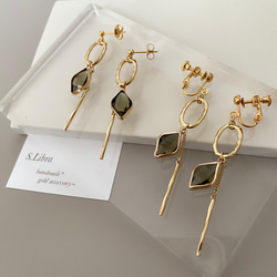 glass stone ガラスストーンゴールドオーバルチェーンイヤリング/カーキブラウンオリーブグリーン アースカラー 9枚目の画像