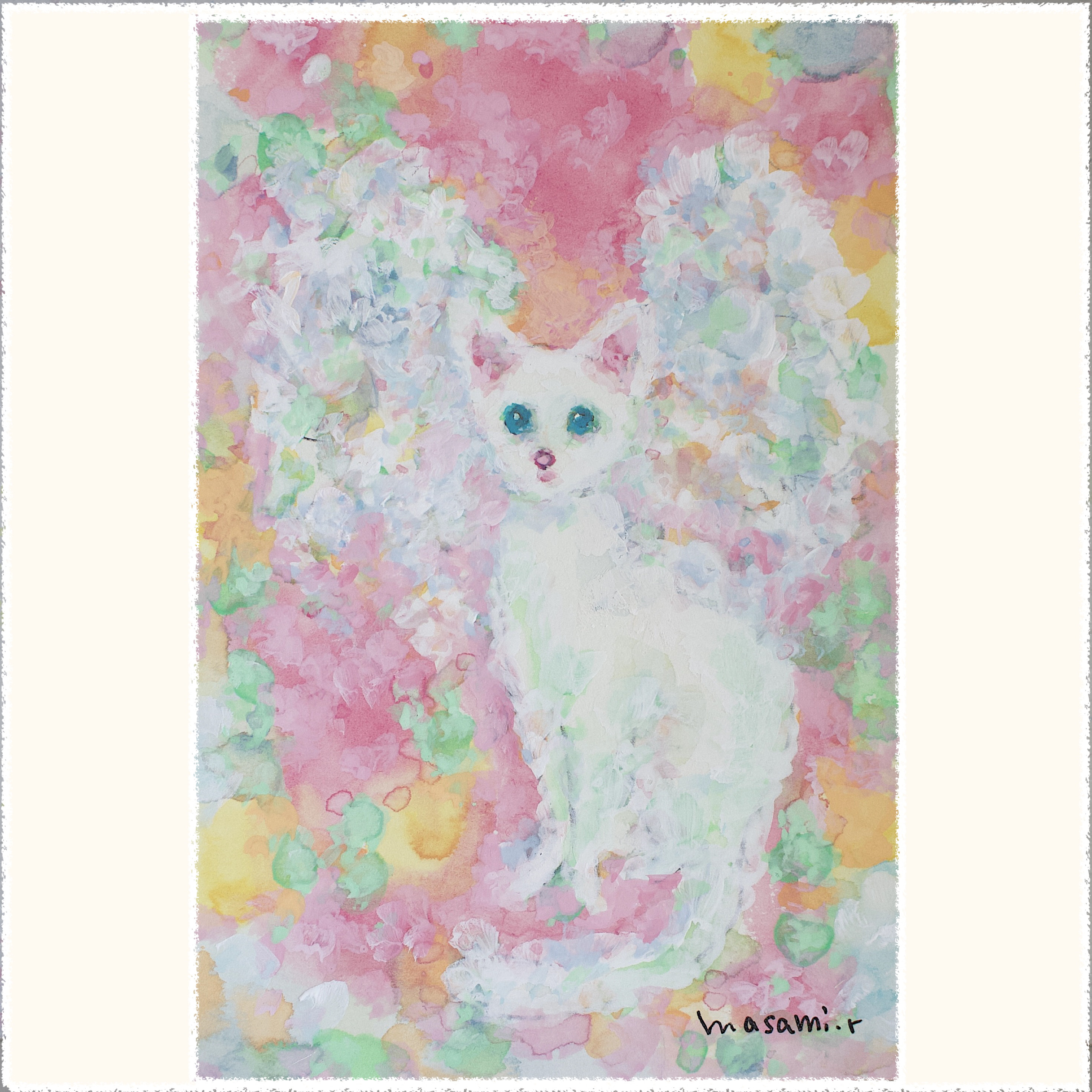 「白猫天使」水彩、アクリル画 原画 はがきサイズ 額なし