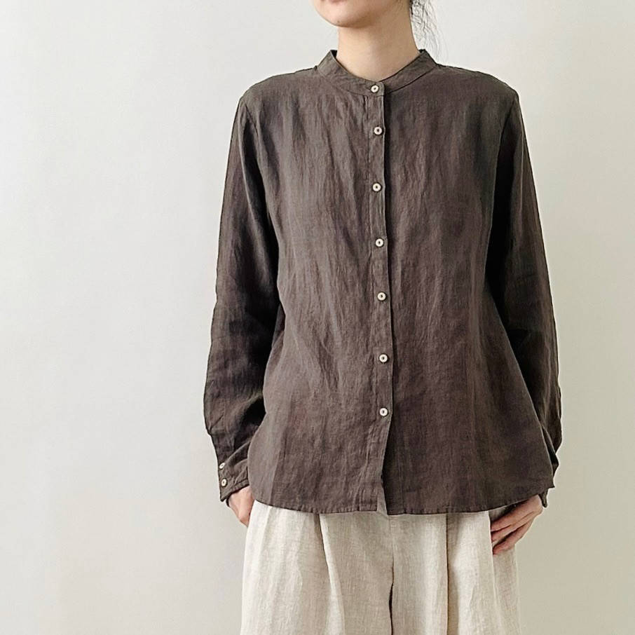 【リネン100%シャツ★クルーネック】３カラー展│ボタン止め│オフィス│大人カジュアル│T-219SL