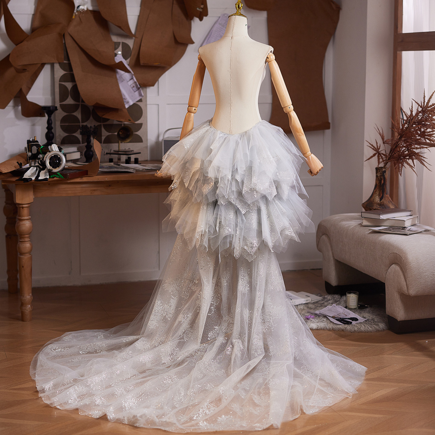 ケープ ロング 大トレーン 裾引き グレー 高級感 DIY 肩飾り アクセサリー ウェディングドレス DTY459