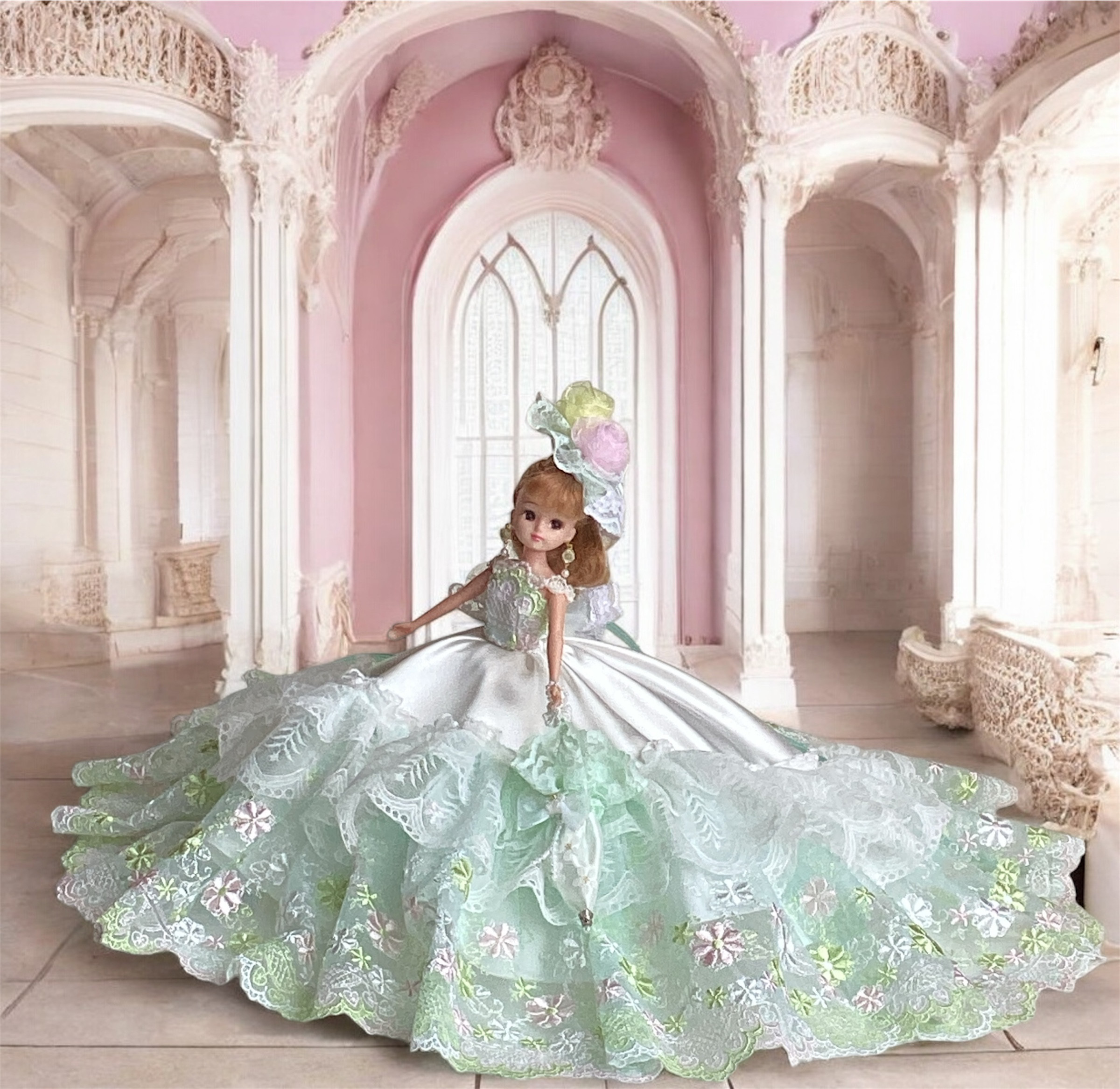 ミントグリーンの超長いトレーンのドレス〜パラソルを添えて〜1/6ドール用着せ替えドレス