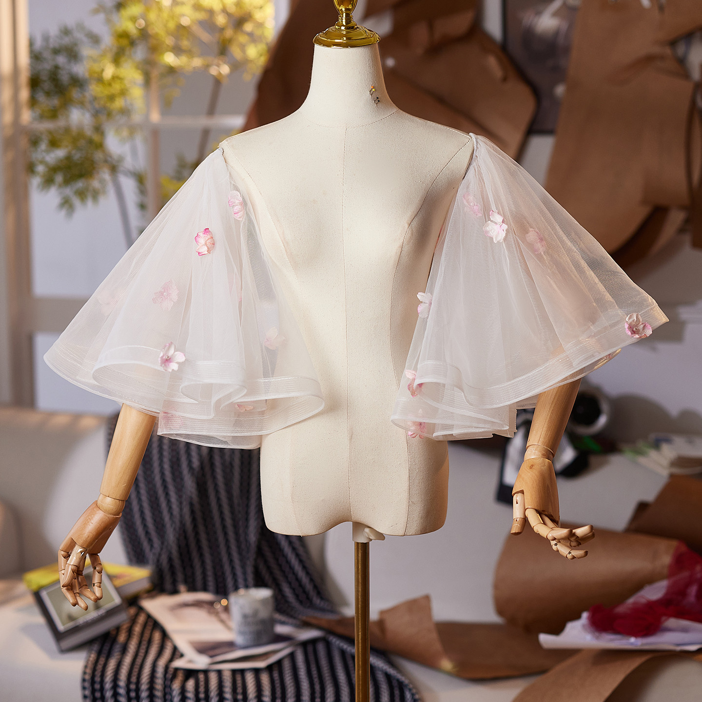 パフスリーブ ピンク 立体花 綺麗 DIY 袖カバー 取り外し袖 アクセサリー ウェディングドレス DTY468