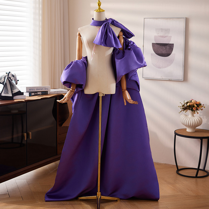 ケープ トレーン 裾引き サテン 紫 DIY 綺麗 肩飾り アクセサリー パーティー ウェディングドレス DTY085
